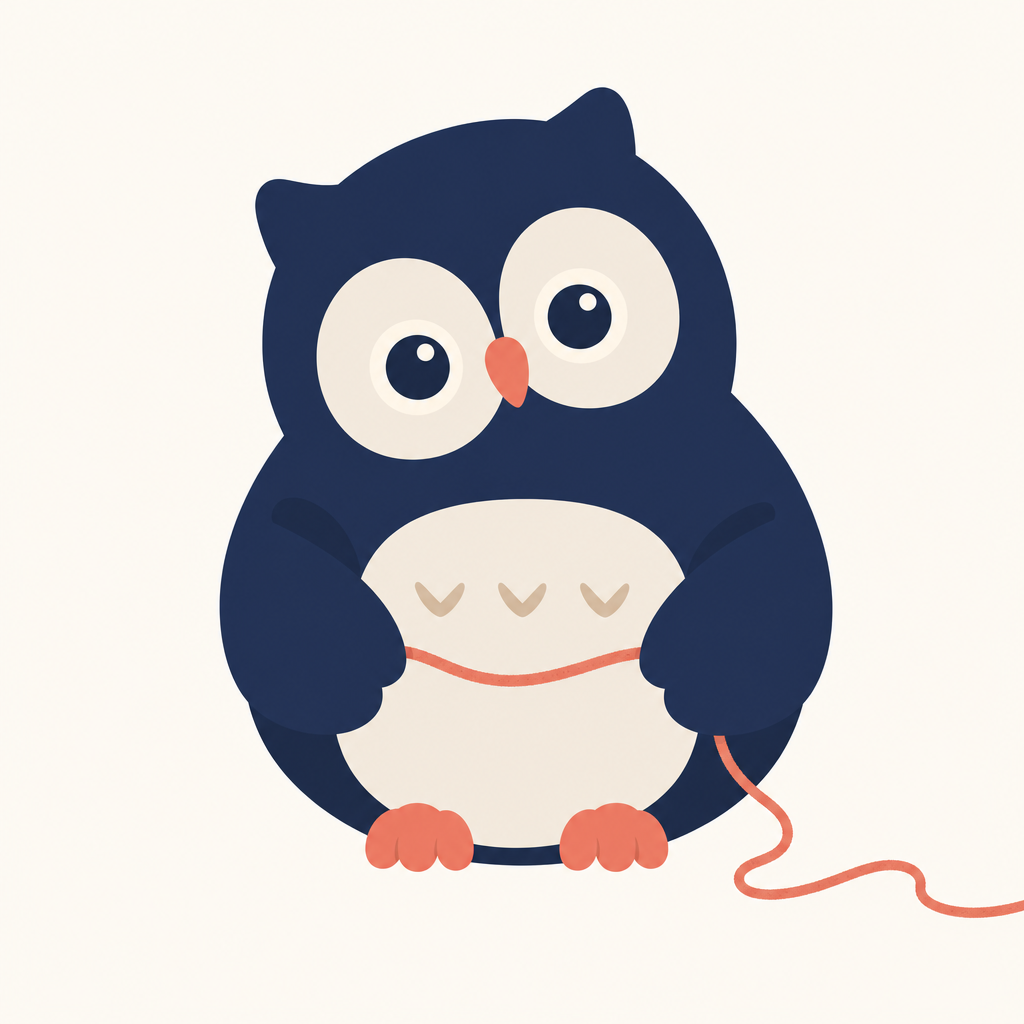 La chouette d'Ariane, une peluche dessinée qui tient un fil corail
